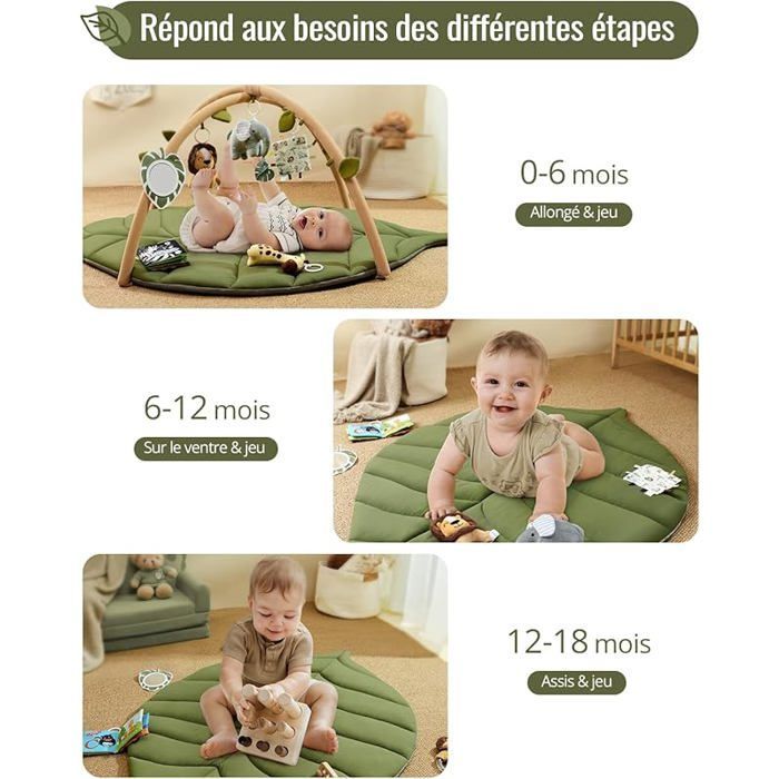 Tapis d& 39;éveil Bébé avec Arche Amovible, Forme des Feuilles Tapis Éveil Bébé 6 Jouets - Développement Vert F TAPIS DE JEU ENFANT