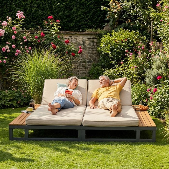 Lot de 2 Bain de Soleil avec Etagère, Chaise Longue Jardin Exterieur avec Coussin et Dossier Réglable 4 positions, Beige
