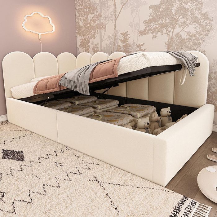 Cama infantil con almacenamiento, 90x190 cm, sofá cama hidráulico, base de láminas de terciopelo beige.