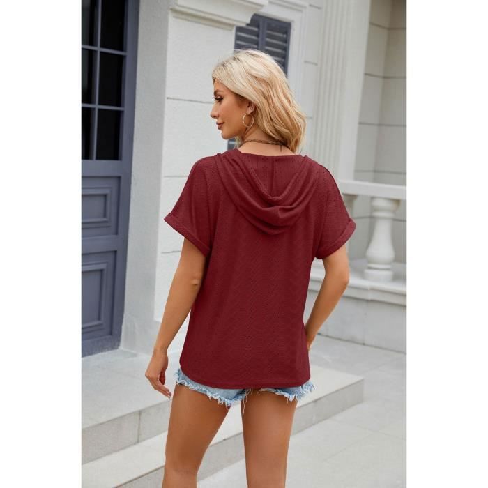 T-shirt da donna - INSFITY - Vestibilità ampia - Maniche corte - Scollo a V - Bordeaux