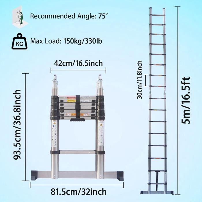 DAYPLUS Telescopic Stainless Steel Ladder, Portable Folding Ladder, Extendable Ladder 5M - 2.5M+2.5M Telescopic Ladder