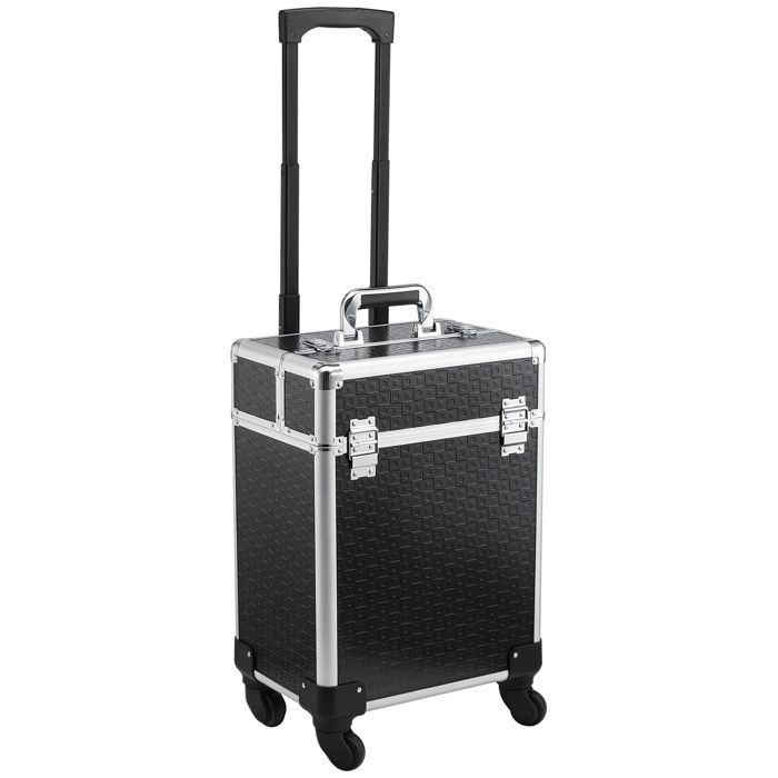 Maletín de maquillaje con ruedas - HOMCOM - neceser cosmético con asa telescópica ajustable - aluminio - 34x24x52cm - negro