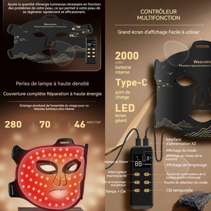 Máscara LED impermeable IPX6 con 4 colores, 280 luces LED, máscara multifuncional de terapia de luz, lámpara de solárium facial
