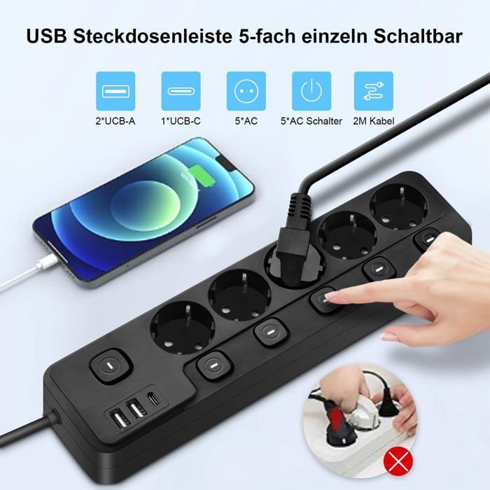 Regleta de enchufes de 2 m con interruptor, 5 tomas de corriente, 2 puertos USB-A y 1 puerto USB-C, protector contra sobretensiones.
