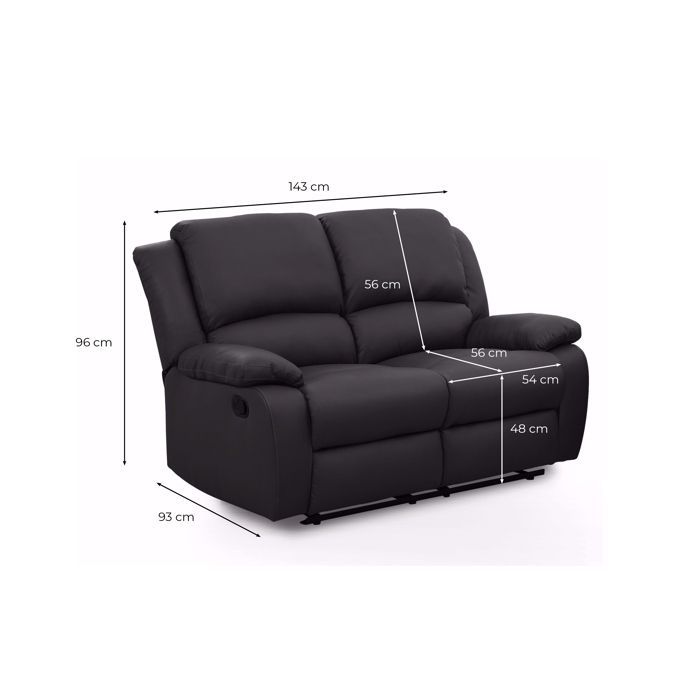 Sofá reclinable de 2 plazas LEO en piel sintética - Negro - 143 x 93 x 96 cm - LOUNGITUDE