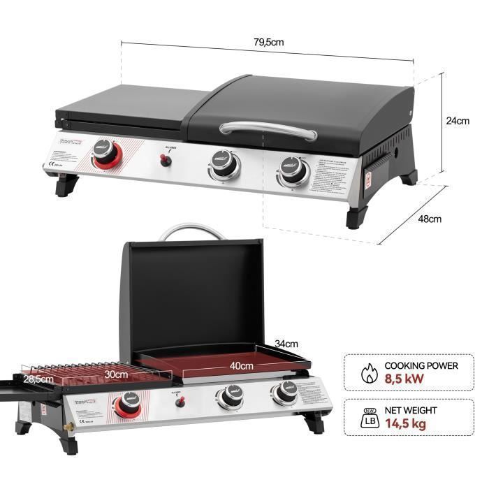 Barbacoa de gas 3 en 1 - ROYAL GOURMET - Modelo portátil - 8,5 kW de potencia - Negra - Multifuncional