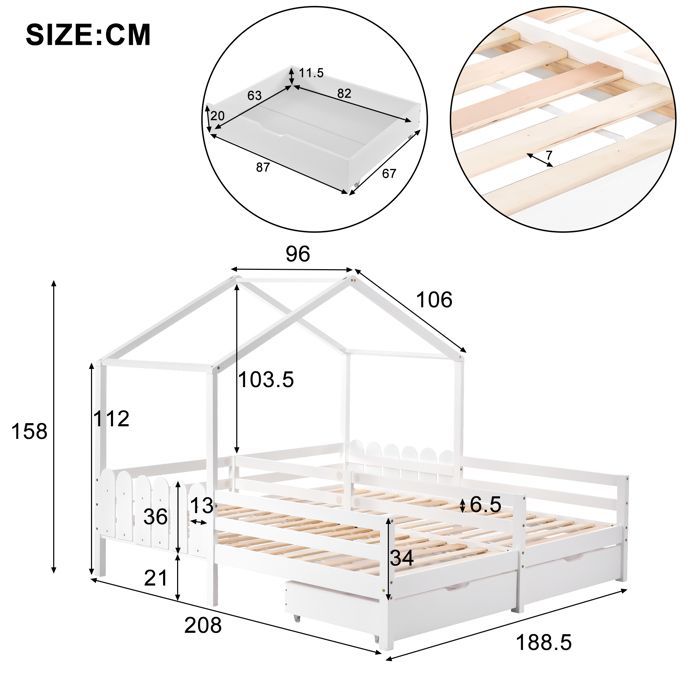 Structure de lit Eco - friendly Material lit familial durable, lit double, lit bébé, lit bébé avec 2 tiroirs MDF, tiroirs avec