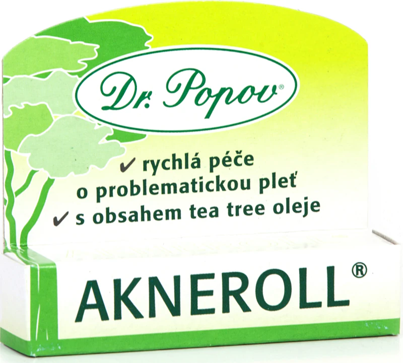 Dr. Popov Akneroll com tratamento tópico com óleo de melaleuca para imperfeições da pele propensa à acne.