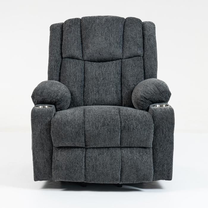 Sillón eléctrico regulable (gris oscuro): función de elevación, masaje, calefacción, reposapiés, 2 bolsillos, portavasos (para personas mayores).