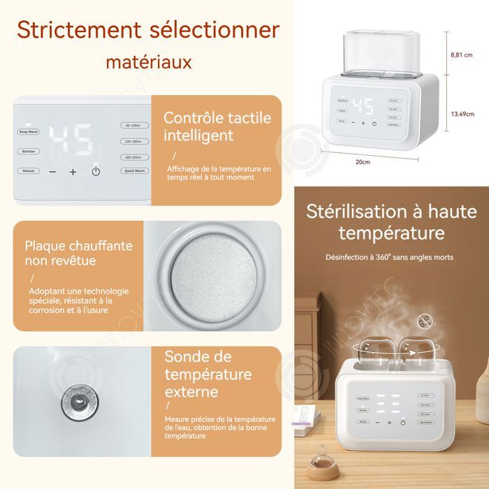 PAS Babyflesverwarmer/sterilisator met 24-uurs thermostaat en lcd-scherm voor nauwkeurige temperatuurregeling en bescherming tegen verbranding.