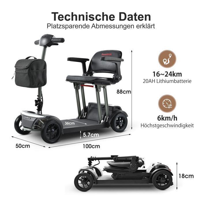 Scooter eléctrico de 4 ruedas AIR TRAVELLER, 180 W, asiento plegable, autonomía de 20 km, batería de litio de 20 Ah, movilidad para personas con movilidad reducida y personas mayores - Negro