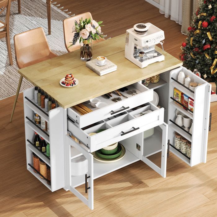 Isla de cocina móvil con encimera plegable, carrito de cocina, 5 ruedas, especiero, 2 cajones, 120x45(70)x90cm, blanca
