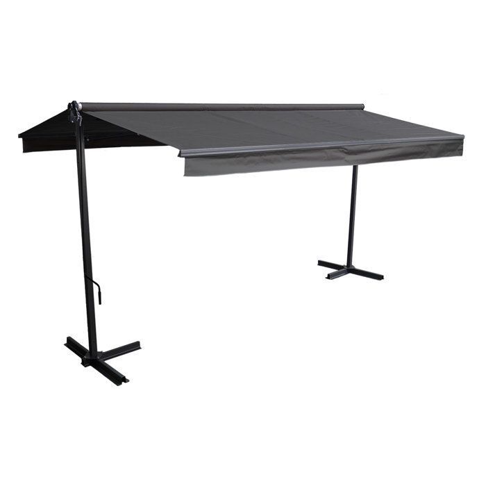 FRENE double-sloped awning on legs 3.95 x 3 m - Anthracite fabric and grey frame