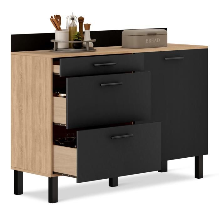 IDMARKET Buffet bas casserolier de cuisine 120 CM CINA plan de travail H.83 cm 1 porte + 3 tiroirs façon hêtre et noir
