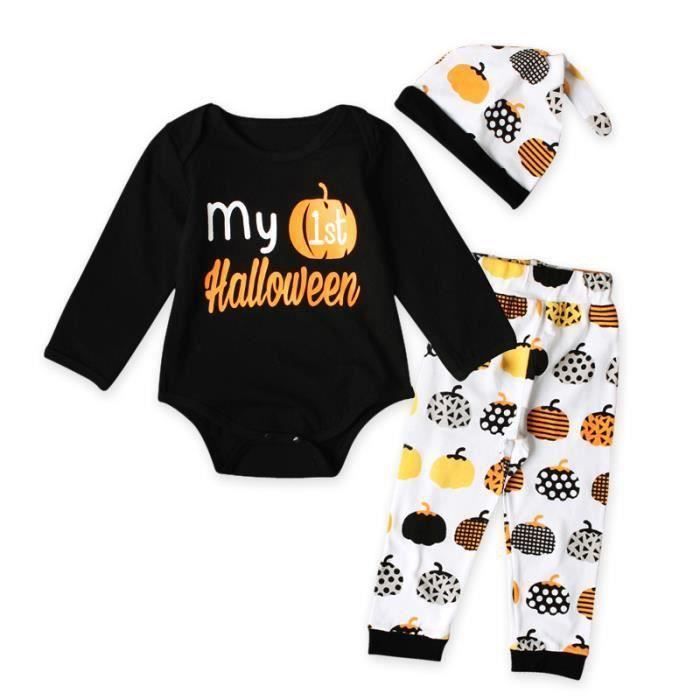 FUNMOON Baby Boy Romper Bodysuit + Pants + Hat 0-24 Months Halloween Pumpkin Print - Black