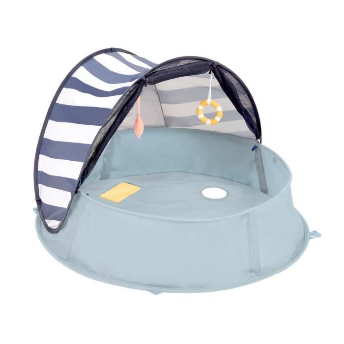 Area giochi 3 in 1 BABYMOOV Aquani a tema marinaio, con piscina e lettino extra, protezione UV SPF 50+, 2 giocattoli e zanzariera inclusi.