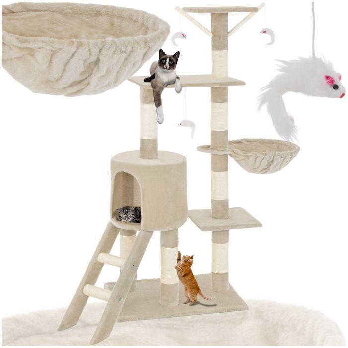 Arbre à chat - TECTAKE - Mobilier pour chat DOMINIQUE 142 cm de hauteur avec griffoir, hamac et jouets - Beige