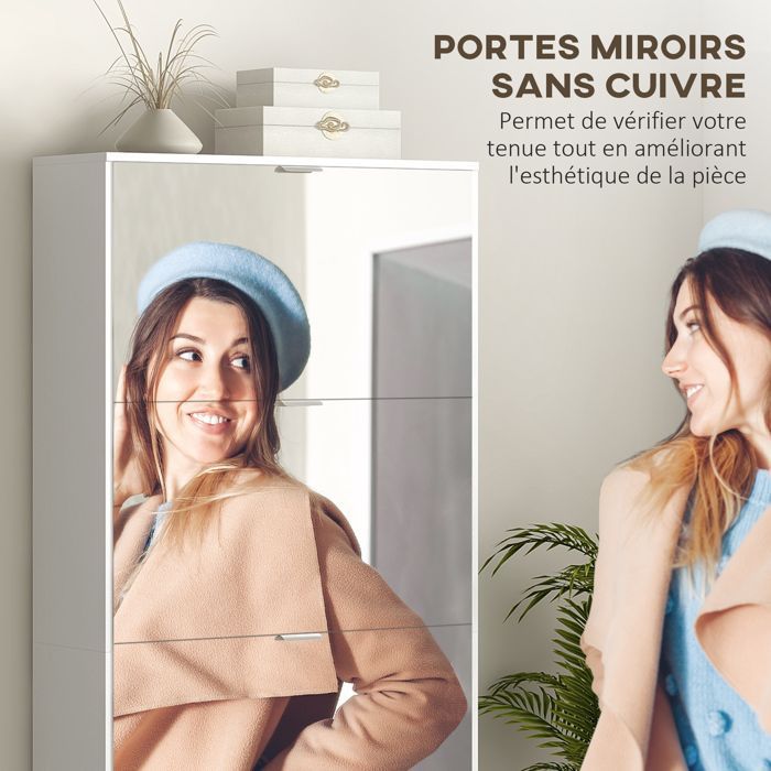 Meuble à chaussures - HOMCOM - 2 en 1 façades miroir, 4 portes abattants, étagères réglables, jusqu'à 24 paires, 76l x 26P x 168H cm