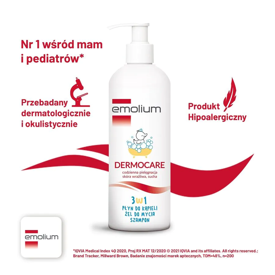 Emolium Dermocare 3w1 płyn do kąpieli, żel do mycia, szampon 400ml