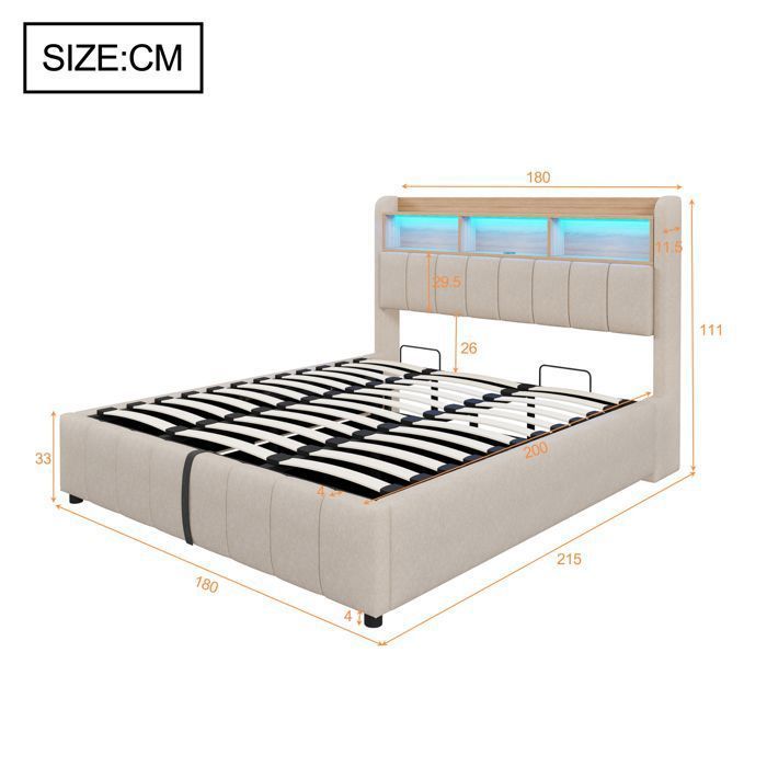 Lit coffre - Becag - Lit double rembourré 180x200cm avec USB et LED - Lit adulte avec rangement hydraulique - Lin Beige