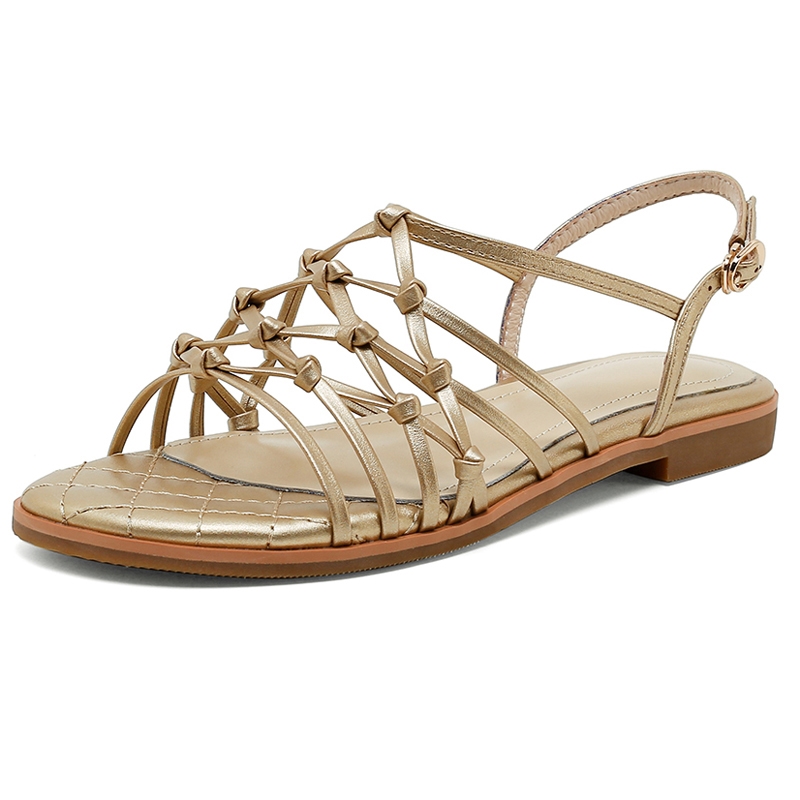 Sandales plates en microfibre dorée à la mode pour femmes, chaussures décontractées d'été, sandales femmes 2021