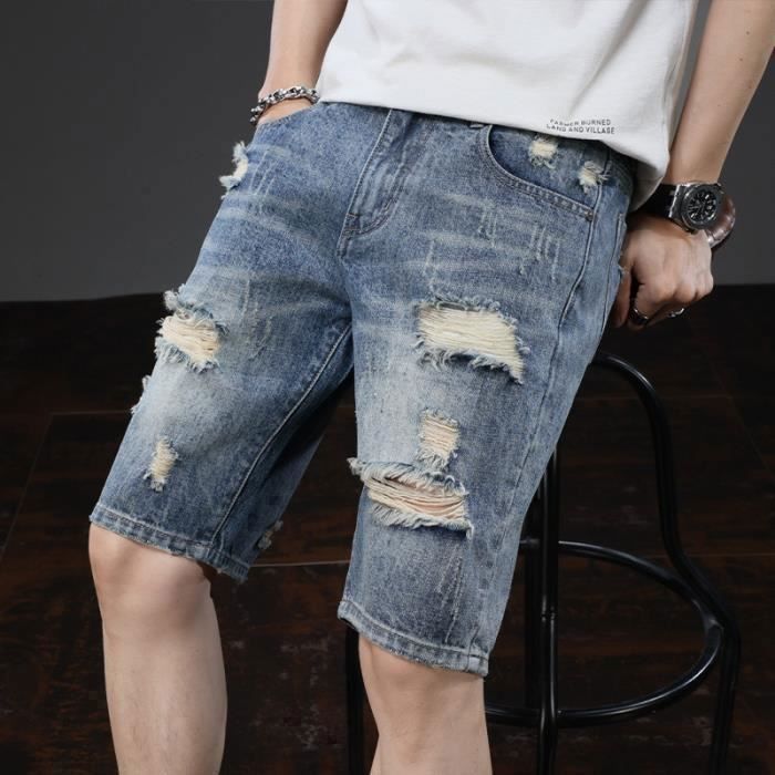 Men's Summer Ripped Denim Shorts Slim Fit Casual Summer Bermuda Shorts - Blue