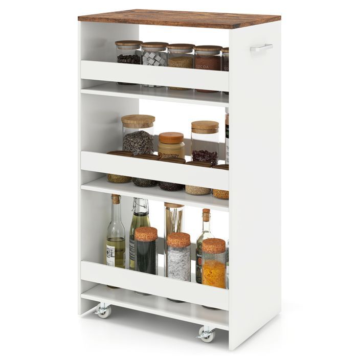 GIANTEX Desserte de Cuisine Étroit à Roulettes avec Freins-Chariot de Service à 4 Niveaux avec Poignée-47,5x30x80,5cm-Blanc + Marron