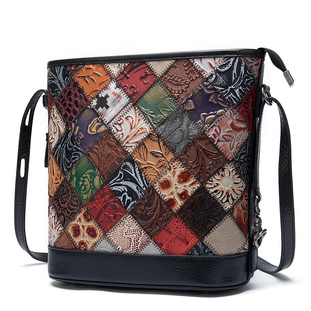Sac bandoulière femme patchwork, sac de voyage bohème en cuir véritable embossé, sac à bandoulière femme