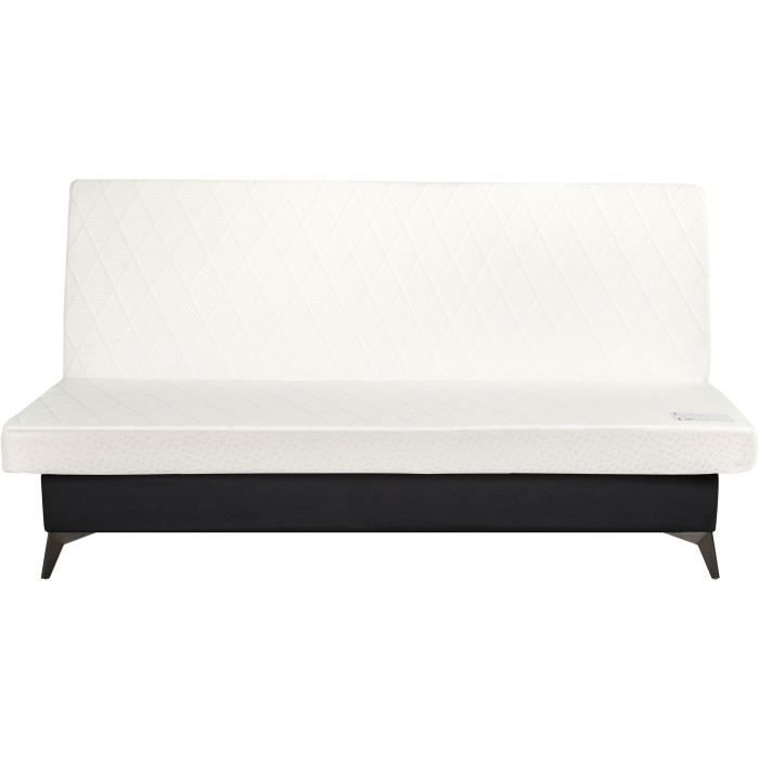 Sofá cama INDY Click-clack - 2/3 plazas - Colchón SIMMONS de 13 cm de grosor - Espuma HR de 35 kg/m³ - Tapicería negra - Fabricado en Francia