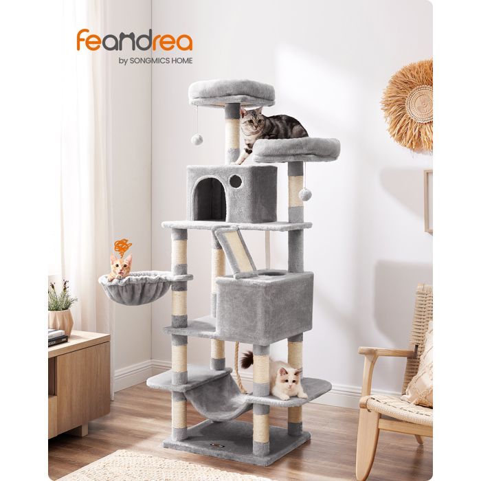 Feandrea Arbre à Chat, Hauteur 168 cm, avec 13 Griffoirs, 2 Plate-Forme, 2 Niches, Panier, Hamac, Pompon, Multi-Niveaux, Gris Clair