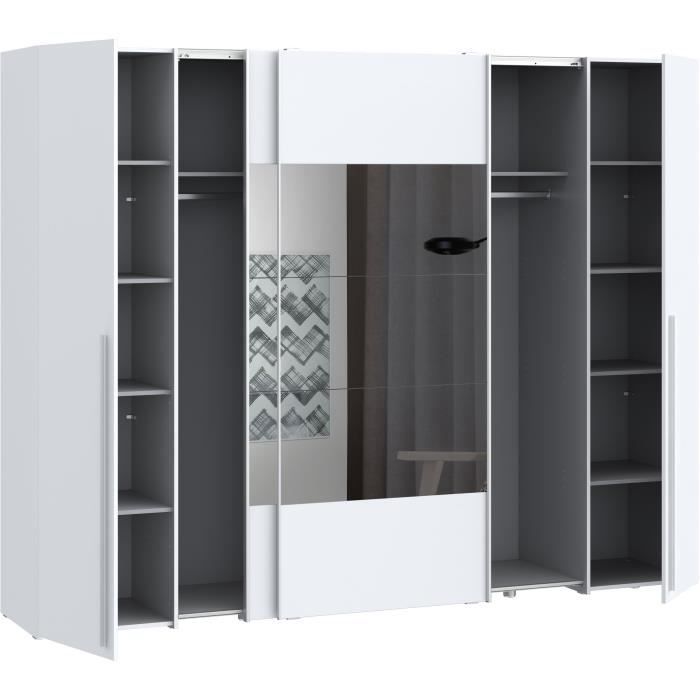 NARAGO Kledingkast - Matwitte afwerking - 2 schuifdeuren + spiegel + 2 draaideuren + 2 kledingstangen - B270 x D61 x H210 cm