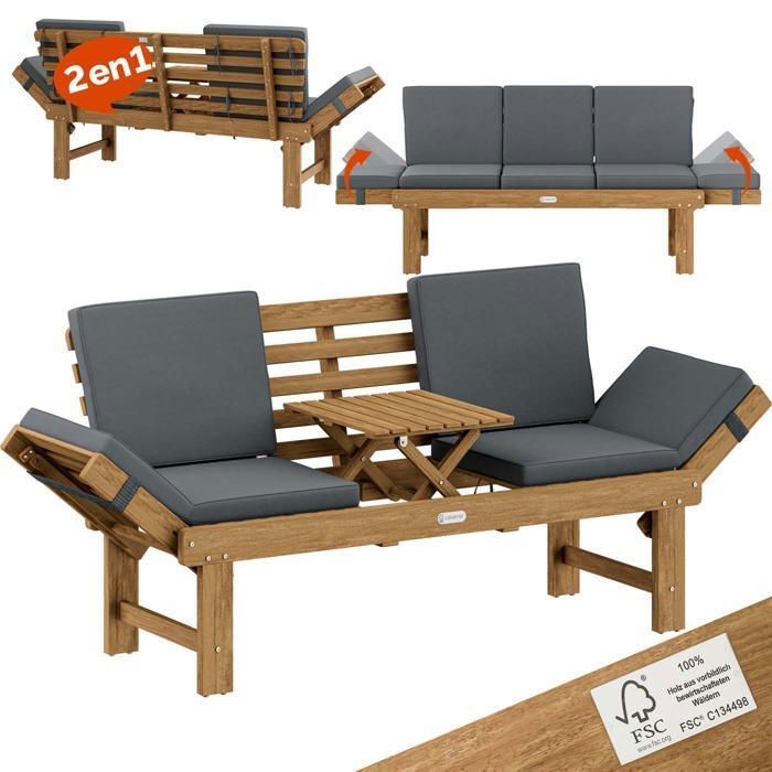 CASARIA Banc de jardin en bois avec table 200x50cm résistant aux intempéries Pliable 3 places jardin balcon bain de soleil