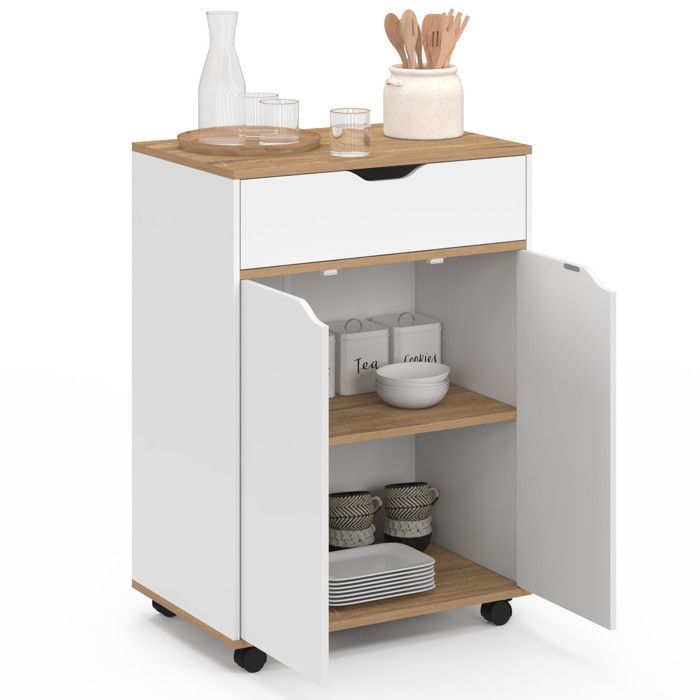 IDMARKET Desserte de cuisine COSY placard avec tiroir bois blanc et plateaux façon hêtre L.60 CM