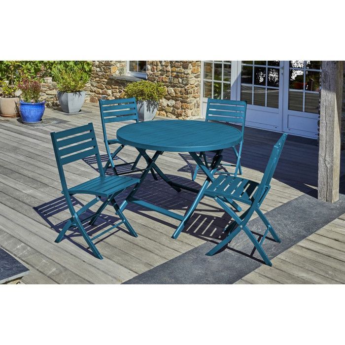 Ensemble repas MARIUS 110 cm 4 places en aluminium bleu canard