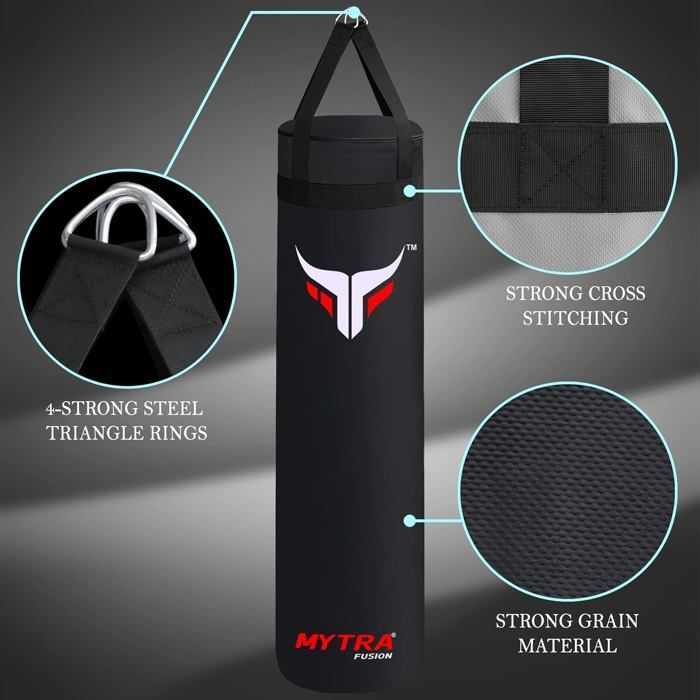 122 cm leerer Boxsack – Mytra Fusion – Verstärkter, ungefüllter Boxsack – Muay Thai Kampfsport – SCHWARZ