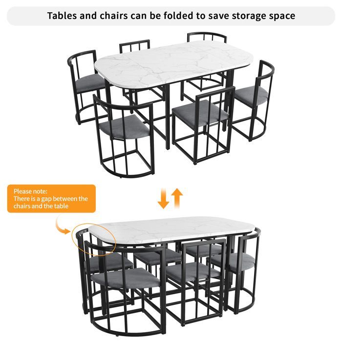 Eettafelset (140x80cm) met 6 stoelen - Tafel en stoelen - Stoelen met rugleuning en grijze kussens - Moderne stijl - Zwart