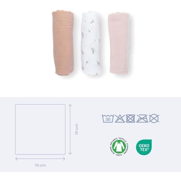 Set of 3 muslin squares - DOOMOO - Organic cotton gauze - Oeko-Tex certified - Pink