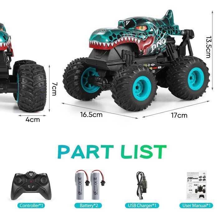 Voiture Télécommandée, Monster Truck, 1:20 RC Tout Terrain, avec LED Musique et 360°Rotation, Cadeau Enfant 4+ Ans, Bleu