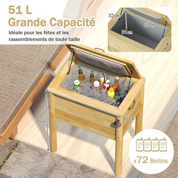 Cubitera de madera GIANTEX de 51 litros para exteriores, ideal para fiestas, jardín, piscina y patio. Medidas: 67 x 47 x 74 cm.