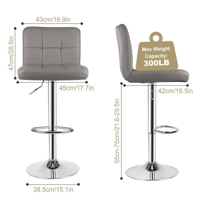 Set van 2 Rattantree barkrukken - 360° draaibaar - 20 cm in hoogte verstelbaar - met rugleuning en voetensteun - grijs