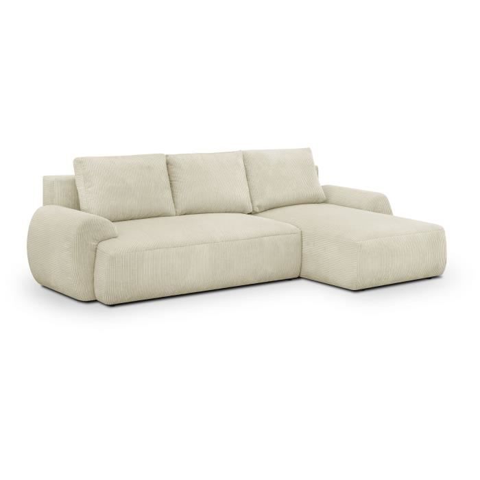 Canapé d'angle droit convertible 4/5 places MILO - Velours côtelés beige - Coffre de rangement - L 264 x H 84 x P 99/145 cm