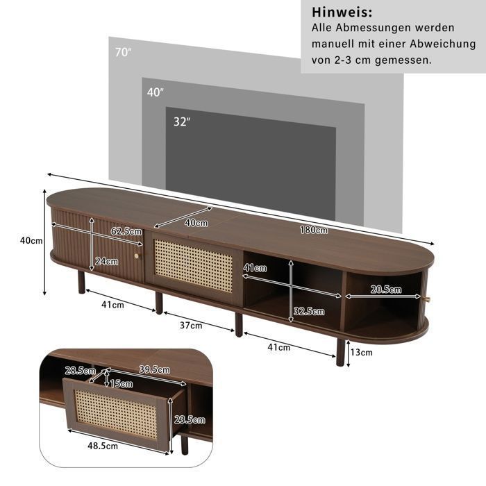 TV stand with 2 sliding doors, 1 drawer and storage compartment, minimalist design living room furniture, 180x40x40cm, walnut