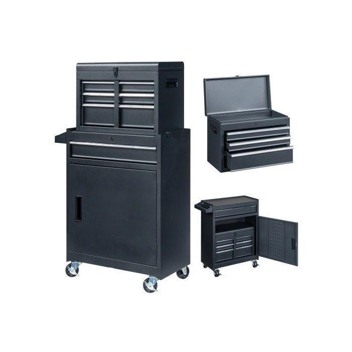 Carro de taller 2 en 1 - ALIGHTUP - Cajones y compartimentos de almacenamiento multicapa, con cerradura y asa - Negro