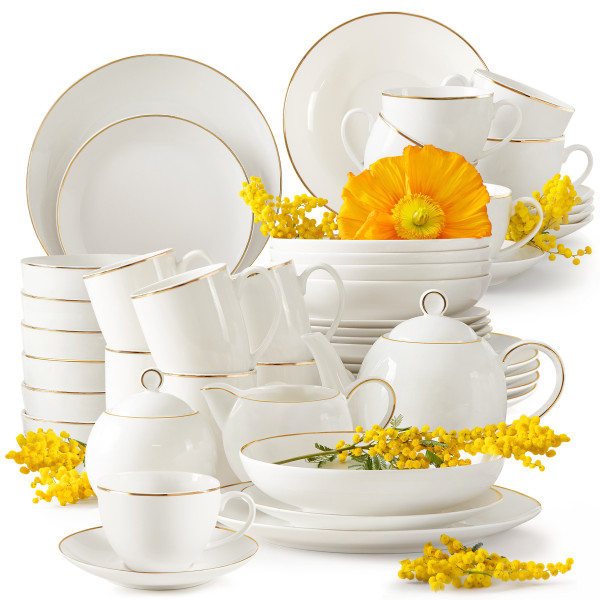 Konsimo Ad Bella Ecru/Złoty Zestaw Obiadowo-Kawowy 6 Os. (45 El.) Porcelana
