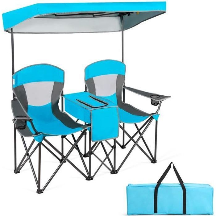 Silla/sillón plegable de camping para 2 personas - COSTWAY - Parasol extraíble y ajustable - Bolsa isotérmica - Azul