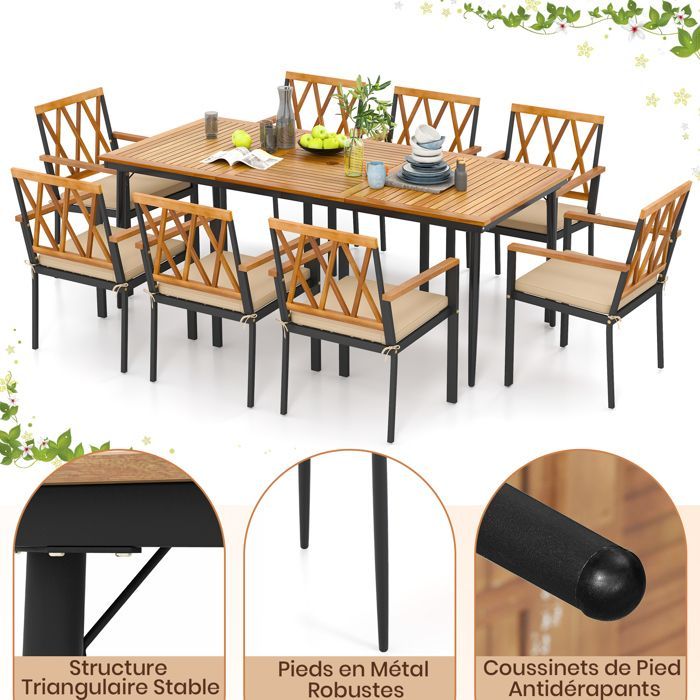 GIANTEX Table à Manger de Jardin Rectangulaire en Acacia, pour 8 Personnes, Pieds en Métal, Trou pour Parasol, 200 x 90 x 75 cm