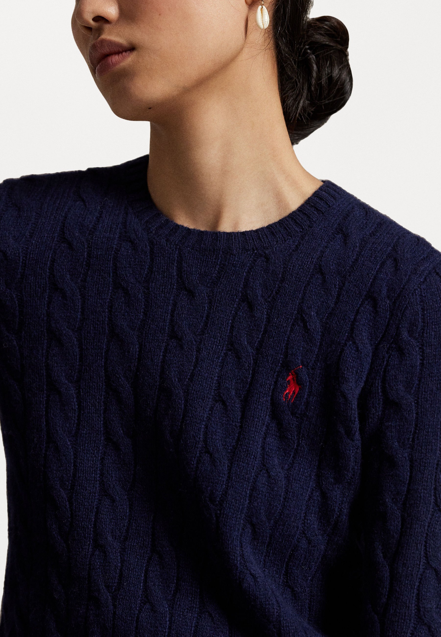 Polo Ralph Lauren Zopfmuster-Pullover aus Wolle und Kaschmir mit Rundhalsausschnitt – Pullover – Jägerblau