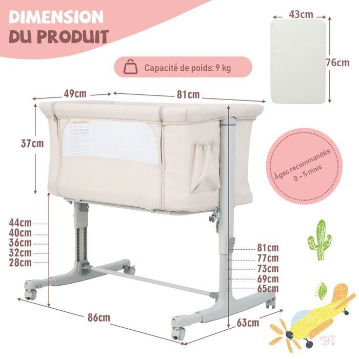 Cuna colecho COSTWAY con 5 alturas ajustables, capacidad de carga de 9 kg, malla transpirable y bolsa de viaje para bebés de 0 a 6 meses, color beige.