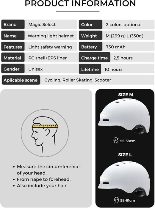 Casque de Vélo ou Scooter Électrique avec Voyant Rouge + feu Avant Blanc Casque VTT, WOVTE Patins Léger avec Doublure Amovible