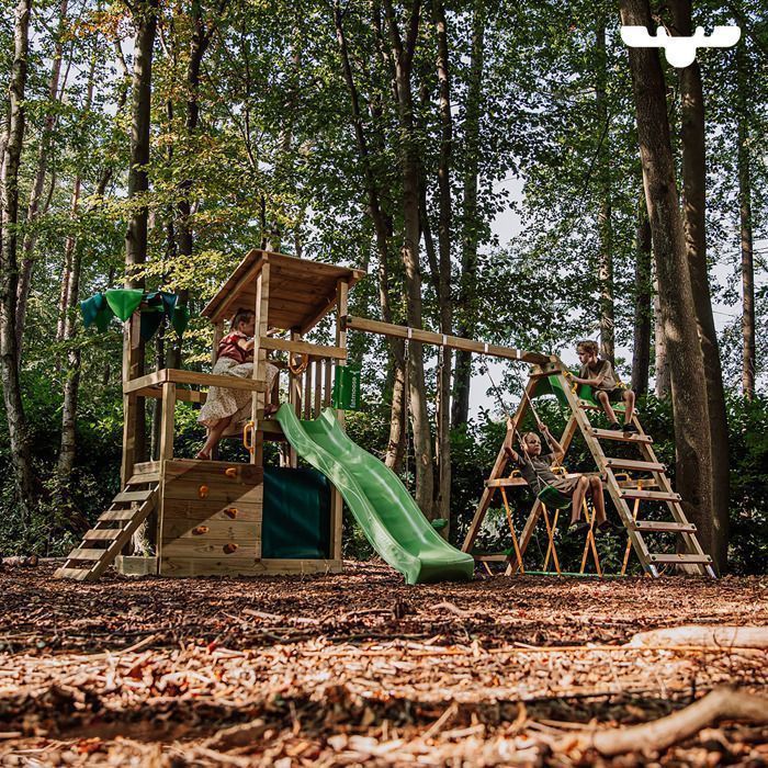 Tour de jeux bois FATMOOSE FruityForest Fun XXL avec double balançoire et toboggan 220 cm vert sauge – 10 ans de garantie*